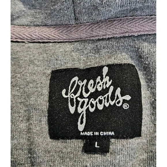 Fresh Goods Gray Hooded Short Sleeve Pullover Sweatshirt Side Splits Sz L - Picture 3 of 7